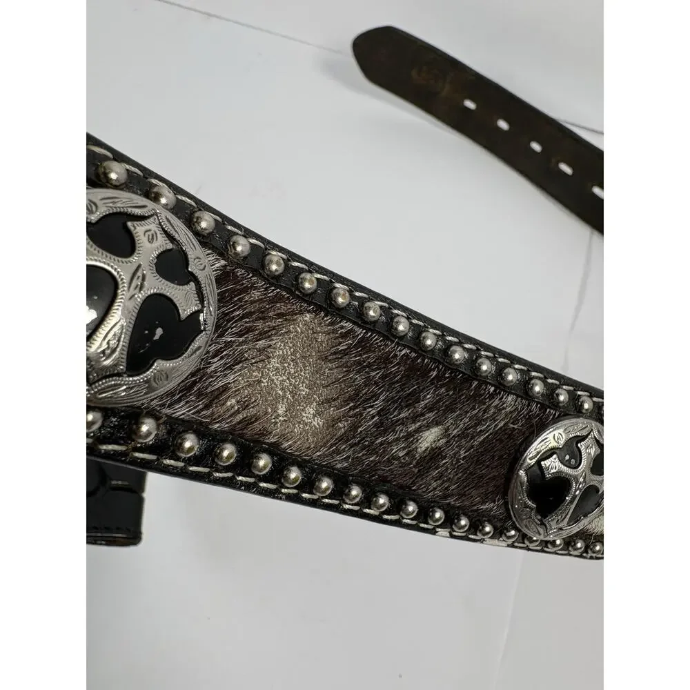 3D Hair On Hide Western Concho Belt 34 Hand Tooled Leather Cross USA